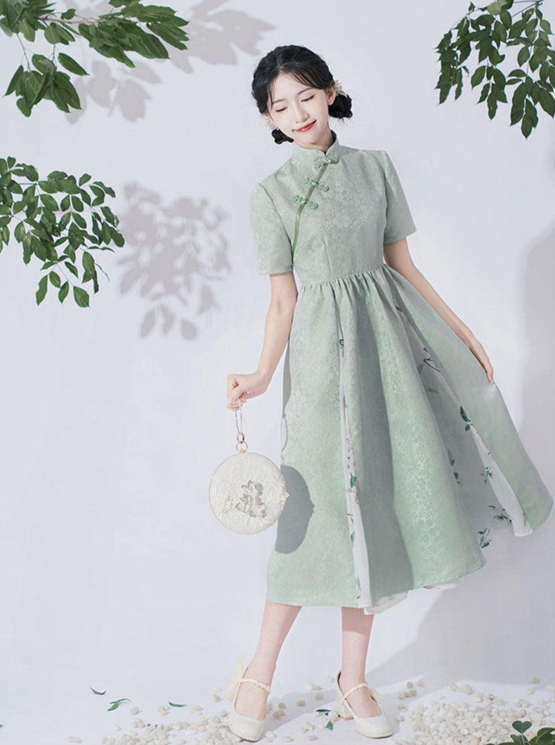 Retro Buckle Stand Collar High Waist Chinese-style Dress