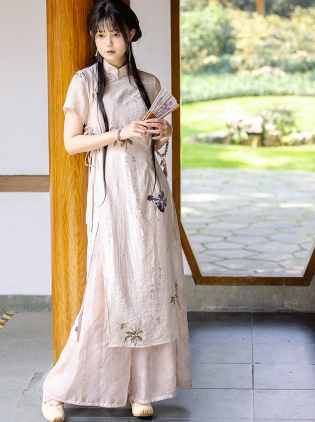 Retro Cheongsam Dress + Wide Leg Pants