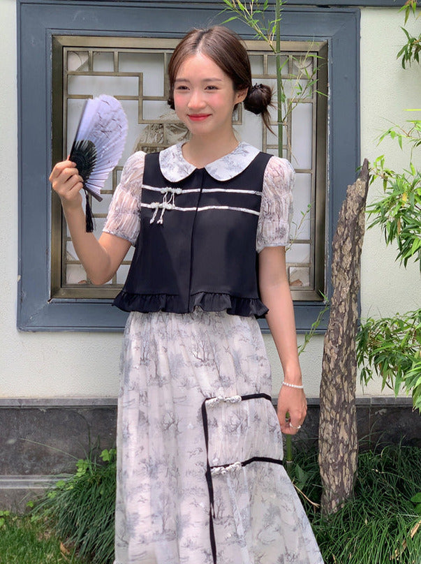Doll Collar Sheer Puff Sleeve Print Chinese-style Top & Asymmetric Skirt Set