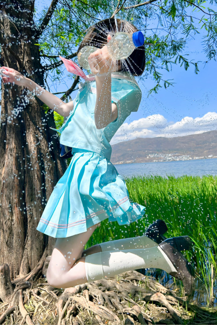 Anime Girl Light Blue Sailor Suit + Pleated Skirt