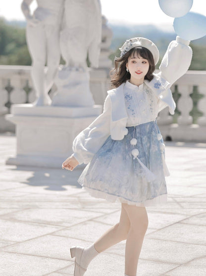 Ice Blue Chinese-style Dress + Fur Short Coat