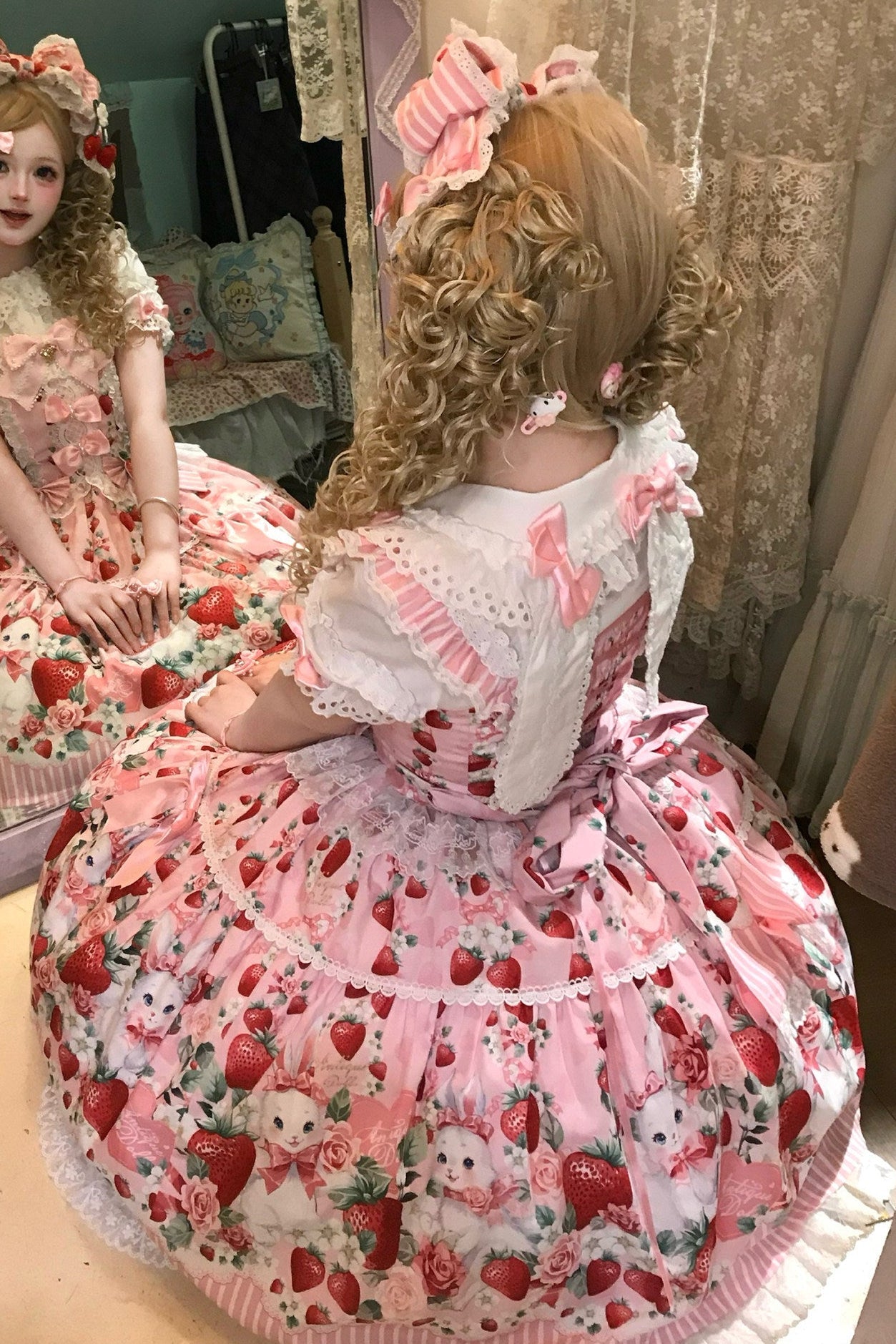 [pre-order Deadline: April 29] Strawberry Rabbit Ear Ribbon Shirt + Ruffled Shoulder Lace Ribbon Jk School Uniform Dress + Full Set/complete Set