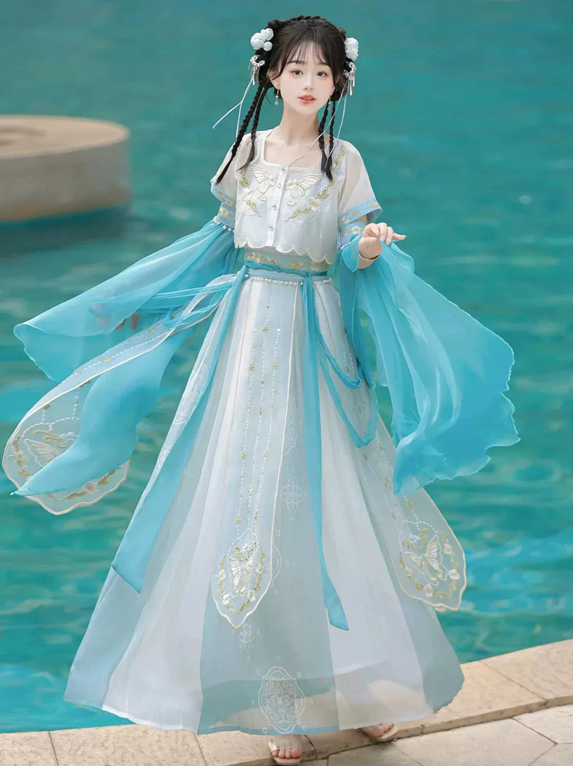 Blue Falling Sea Chinese-style Embroidery Fairy Suit