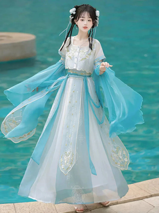Blue Falling Sea Chinese-style Embroidery Fairy Suit