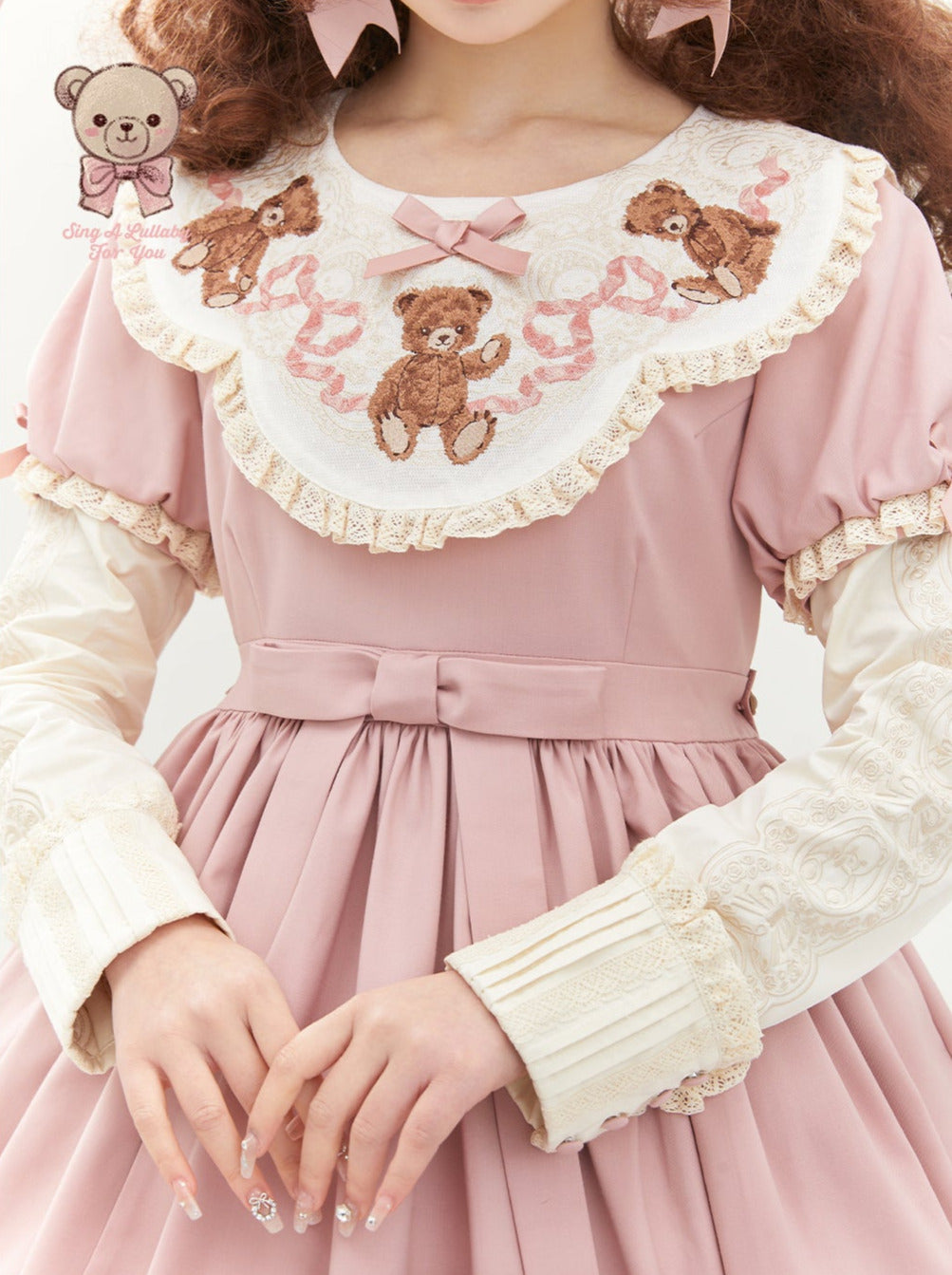[pre-order] Lolita Teddy Bear Flap Lace Puff Sleeve Ribbon Dress
