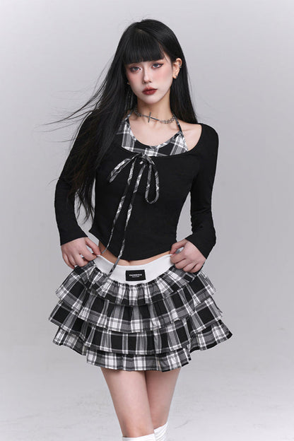 Plaid Top + Short Puff Skirt