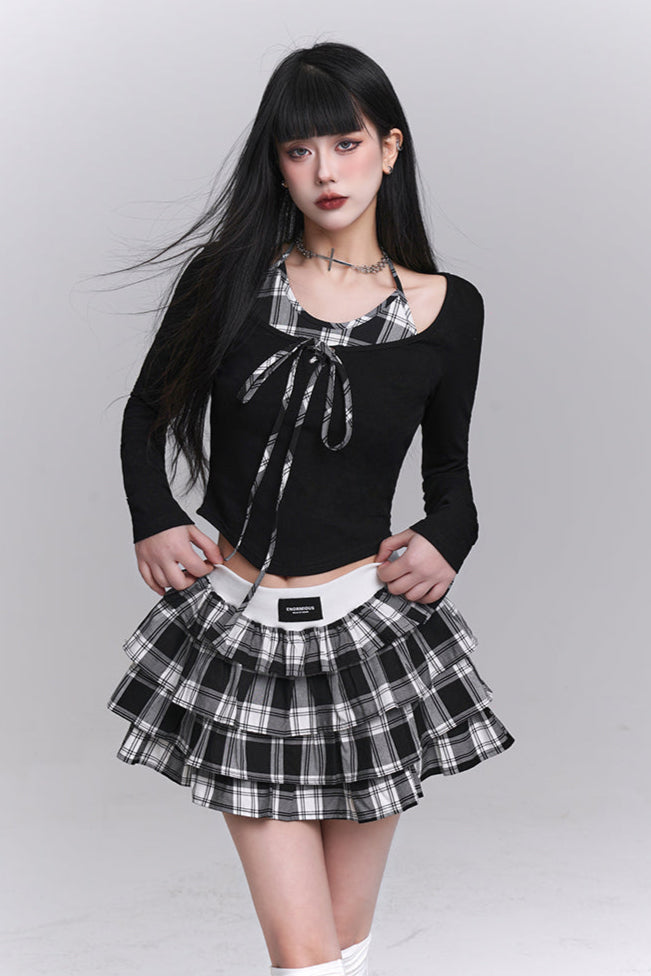 Plaid Top + Short Puff Skirt