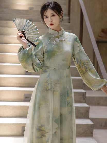 Marbled Green Half Neck Chinese-style Dress