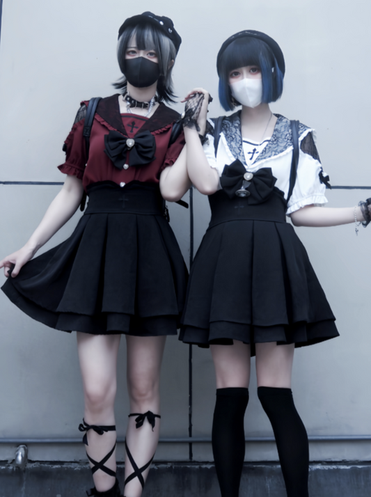 [pre-order] Lace Cross Collar Top + High Waist Skirt