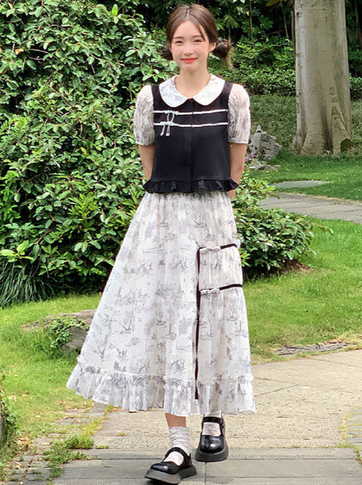 Doll Collar Sheer Puff Sleeve Print Chinese-style Top & Asymmetric Skirt Set