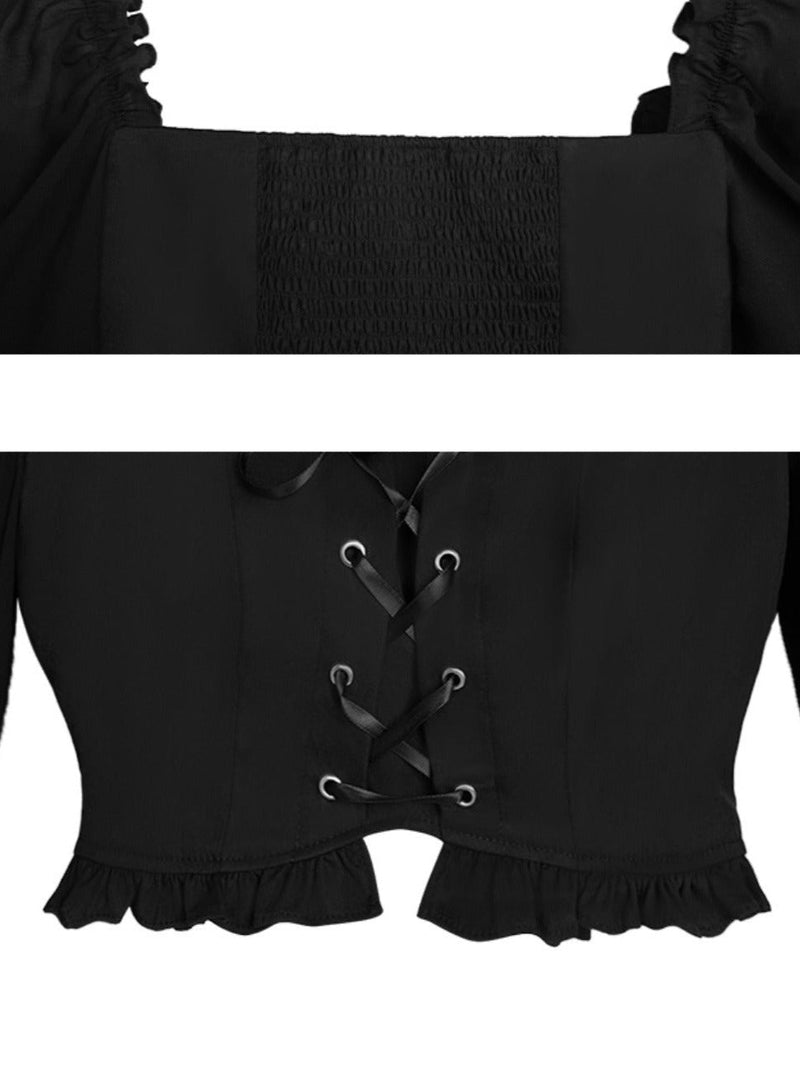 Lace-up Volume Sleeve Short Top + Tiered Skirt