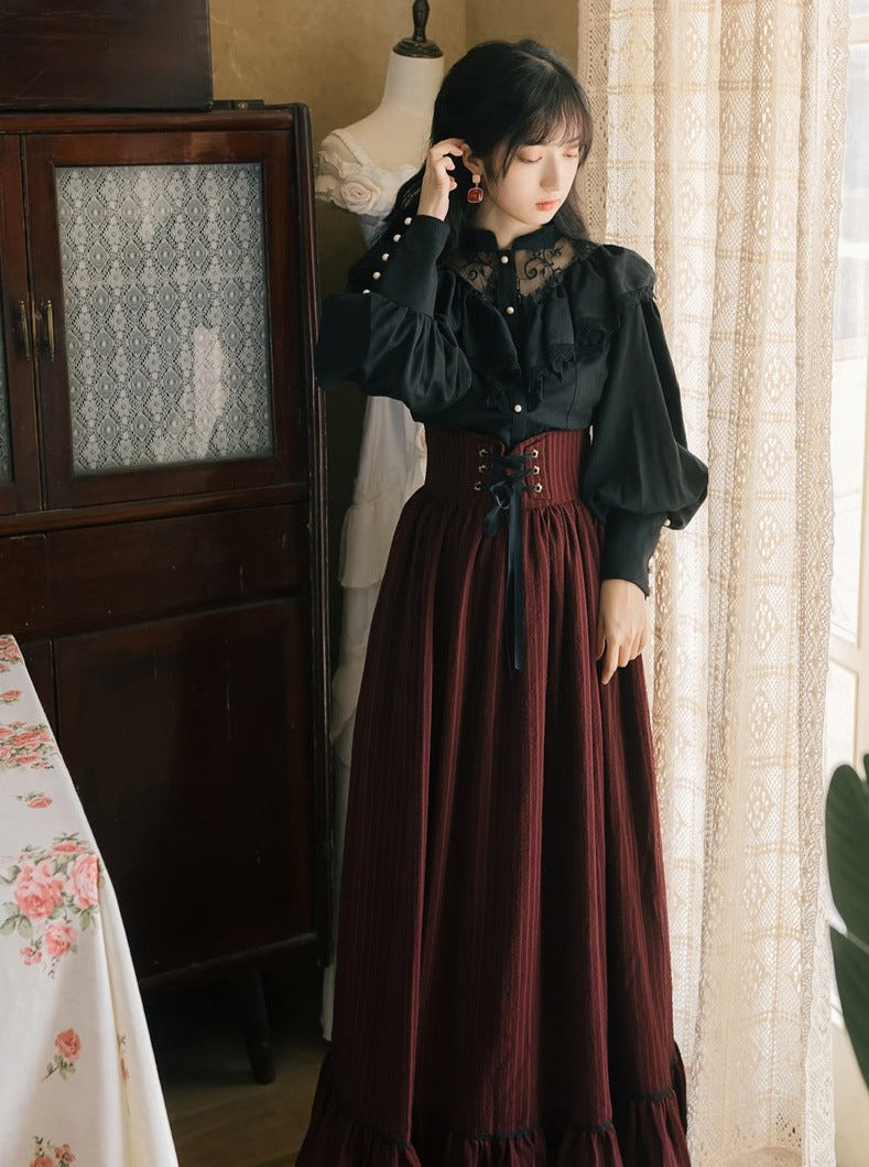 Ruffle Lace Blouse + Striped Corset Skirt
