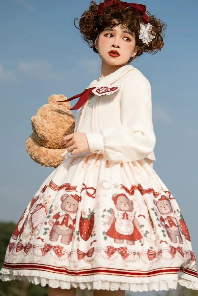 Bear Strawberry Doll Lolita Dress + Short Milk Jacket