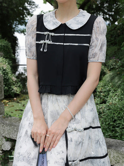 Doll Collar Sheer Puff Sleeve Print Chinese-style Top & Asymmetric Skirt Set