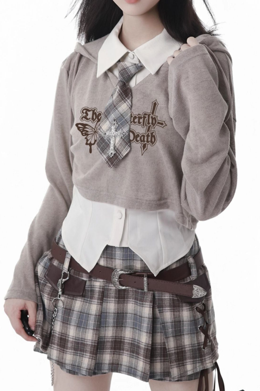 Y2k Hooded Crop Top + Sleeveless Shirt With Tie + Plaid Culottes