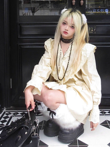 Subculture Lace V Neck Ruffle Doll Shirt Dress