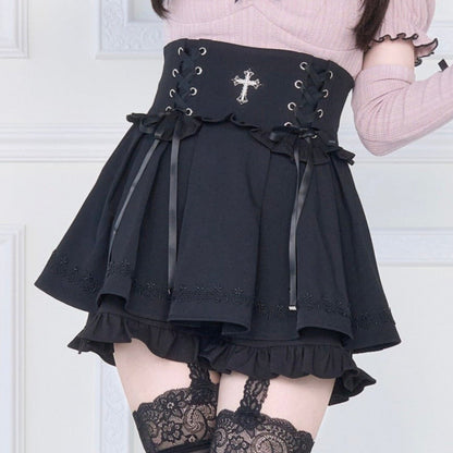 [pre-order] Knit Top With Ribbon Sleeves + Gothic Cross Lace Up Skirt