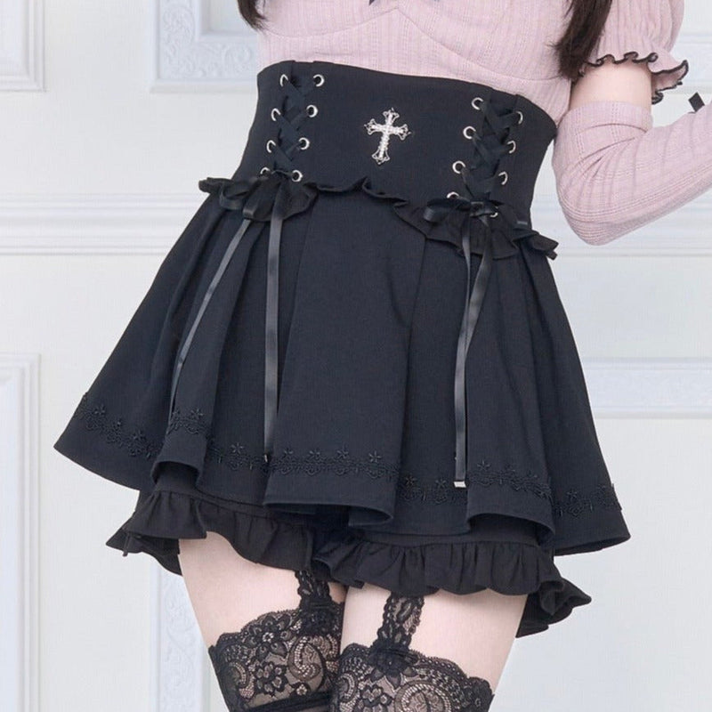 [pre-order] Knit Top With Ribbon Sleeves + Gothic Cross Lace Up Skirt