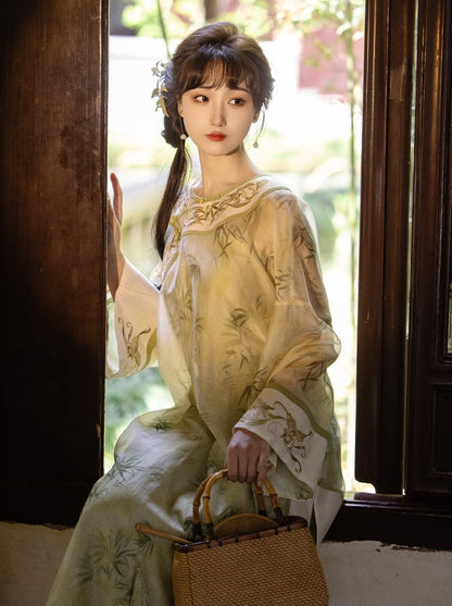 Summer Green Retro Chinese-style Top + Inner Camisole + Long Skirt
