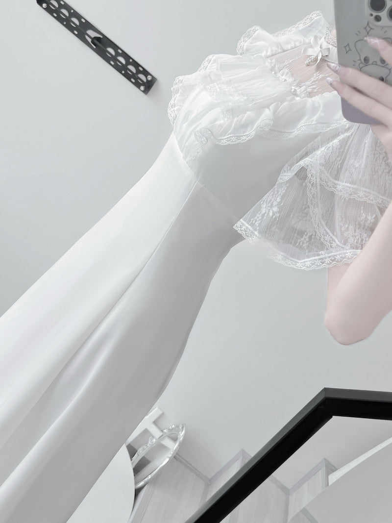 [pre-order] Lace Pearl Sheer Sleeve Long Dress