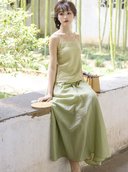 Summer Green Retro Chinese-style Top + Inner Camisole + Long Skirt