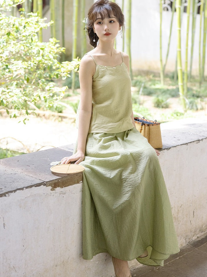 Summer Green Retro Chinese-style Top + Inner Camisole + Long Skirt