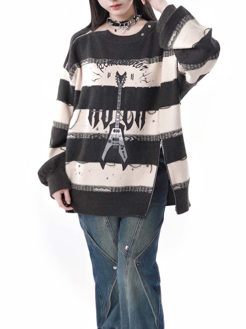 Sound Wave Zip Guitar Striped Top + Two-piece Skirt Set