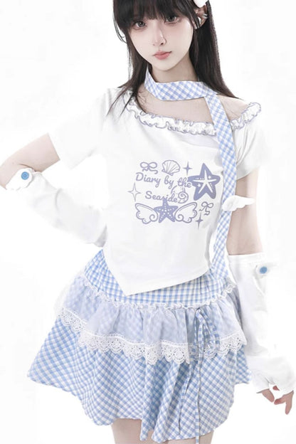 Pastel Sweet Twin T-shirt With Scarf + Puff Skirt + Arm Covers