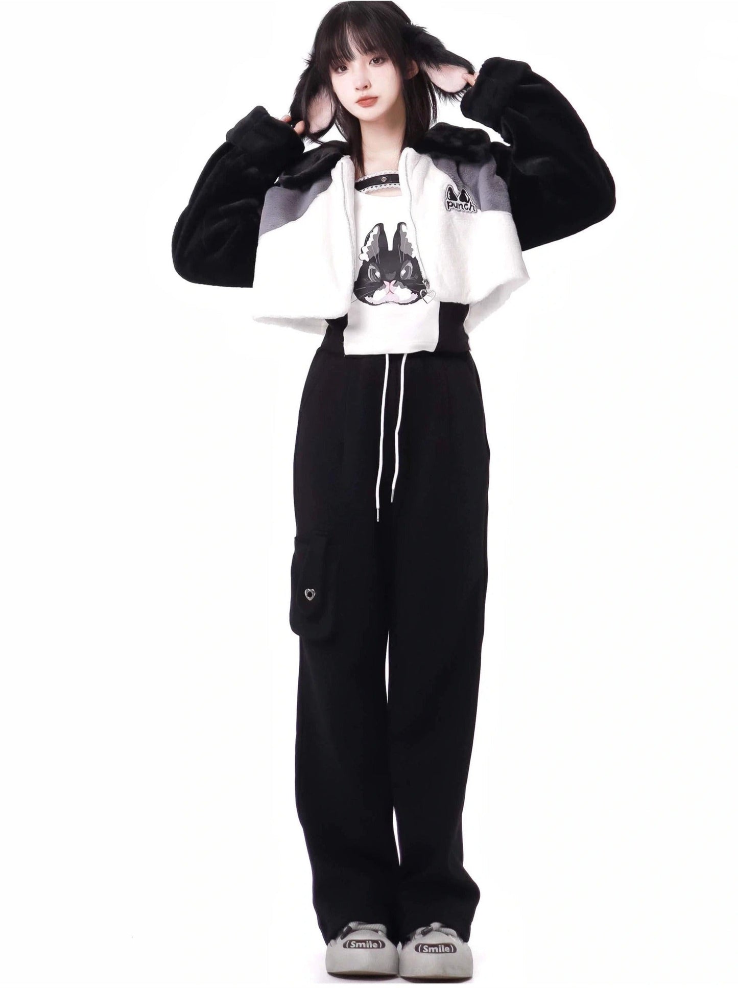Rebel Sweet Heart Short Fur Jacket Design Top Pants Set