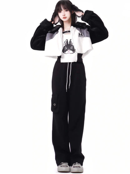 Rebel Sweet Heart Short Fur Jacket Design Top Pants Set