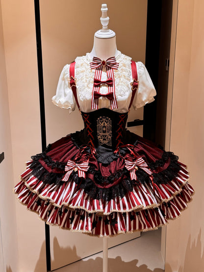 [pre-order Deadline: May 20] Magical Girl Lolita Lace Puff Sleeve Shirt + Black X Red Ribbon Corset Tiered Dress + Mini Hat