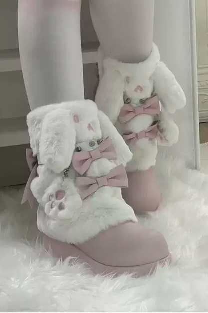 Thick-soled Boots With Rabbit-ear Fur Ribbon