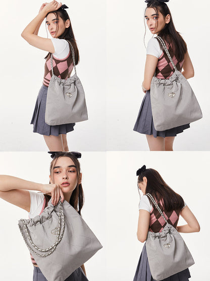 Cool Metal Diamond Quilted Leather Chain Tote Bag