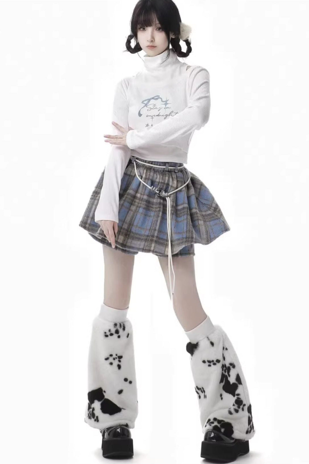 Starry Night Faux Fur Hoodie Plush Jacket Top Plaid Bottoms Set