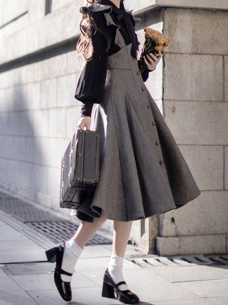 Retro Black Ribbon Volume Sleeve Shirt + Ruffle Shoulder Suspender Skirt