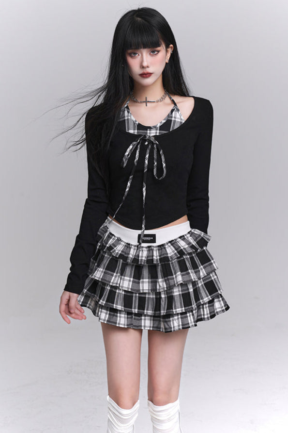 Plaid Top + Short Puff Skirt