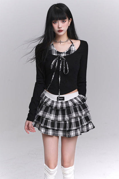 Plaid Top + Short Puff Skirt