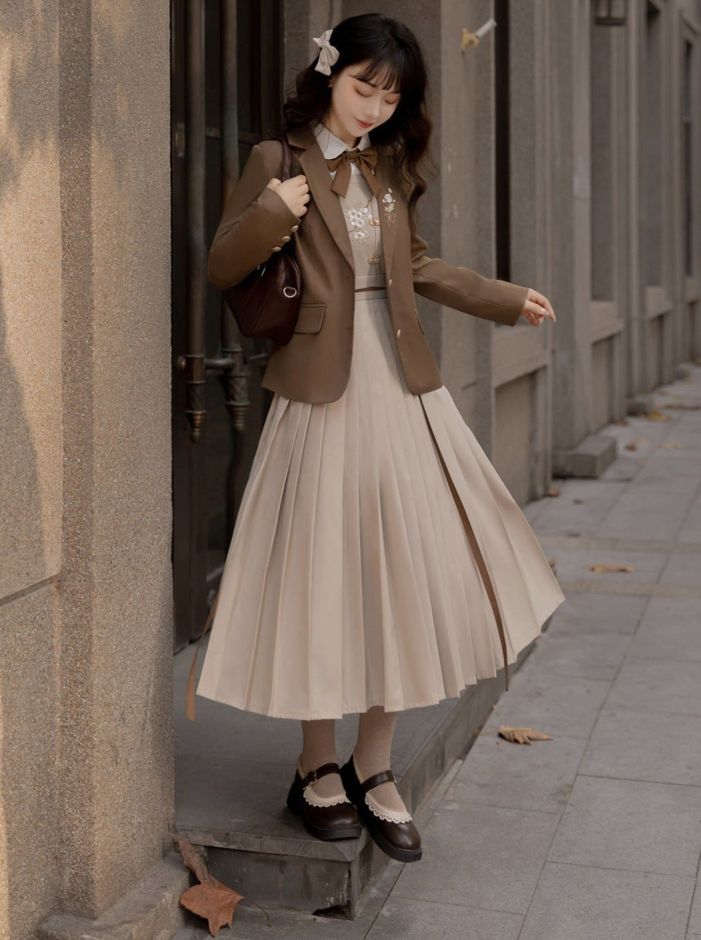 College Style Jacket + Suspender Skirt + Ribbon Blouse