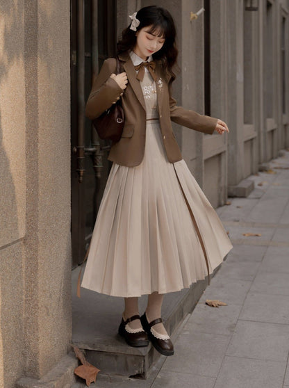 College Style Jacket + Suspender Skirt + Ribbon Blouse