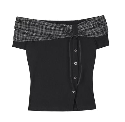 Pleated Bow Knot One-shoulder Top + Skirt