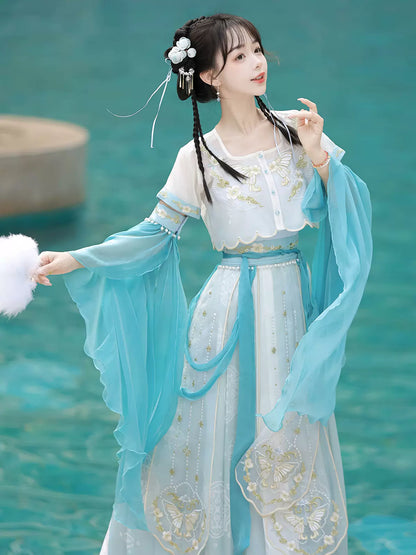 Blue Falling Sea Chinese-style Embroidery Fairy Suit