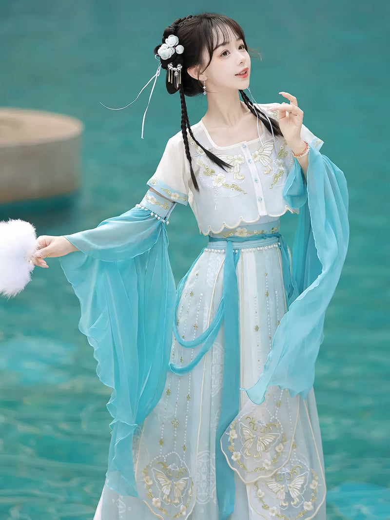 Blue Falling Sea Chinese-style Embroidery Fairy Suit