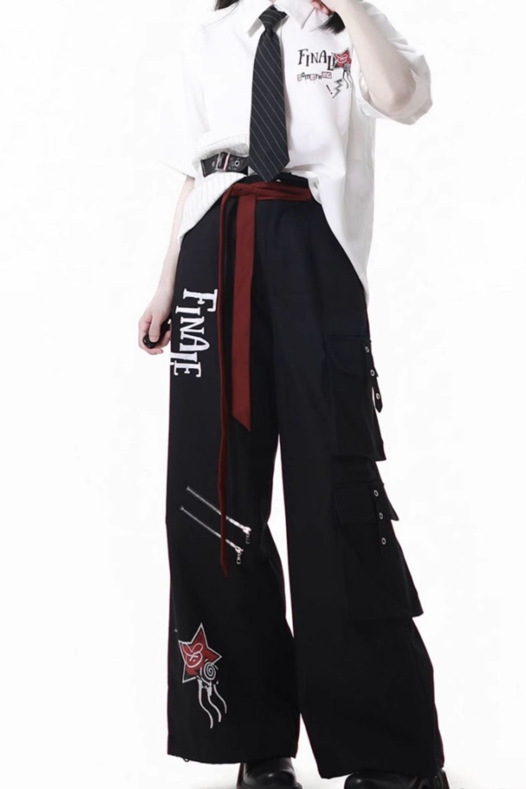 Contrast Shirt + Checkered Skirt + Black Skirt + Wide Pants + Tie