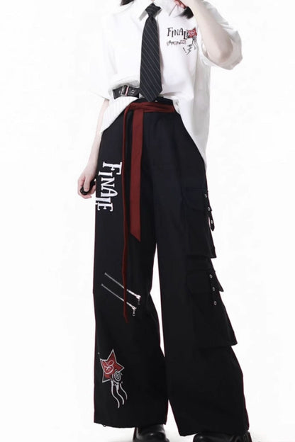 Contrast Shirt + Checkered Skirt + Black Skirt + Wide Pants + Tie