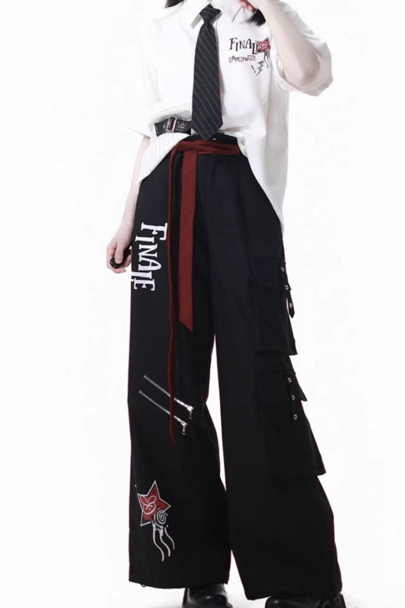 Contrast Shirt + Checkered Skirt + Black Skirt + Wide Pants + Tie