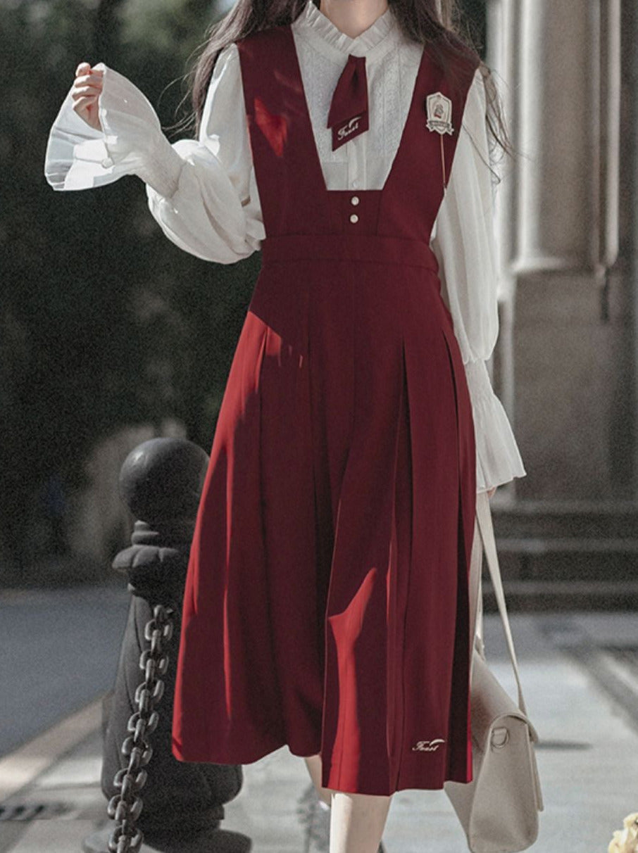 Retro College Lace Chiffon Shirt + Red Sundress + Red Necktie + Emblem Badge