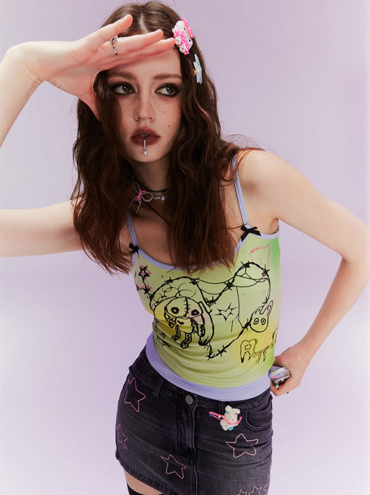 Graffiti Summer Y2k Top + Denim Skirt