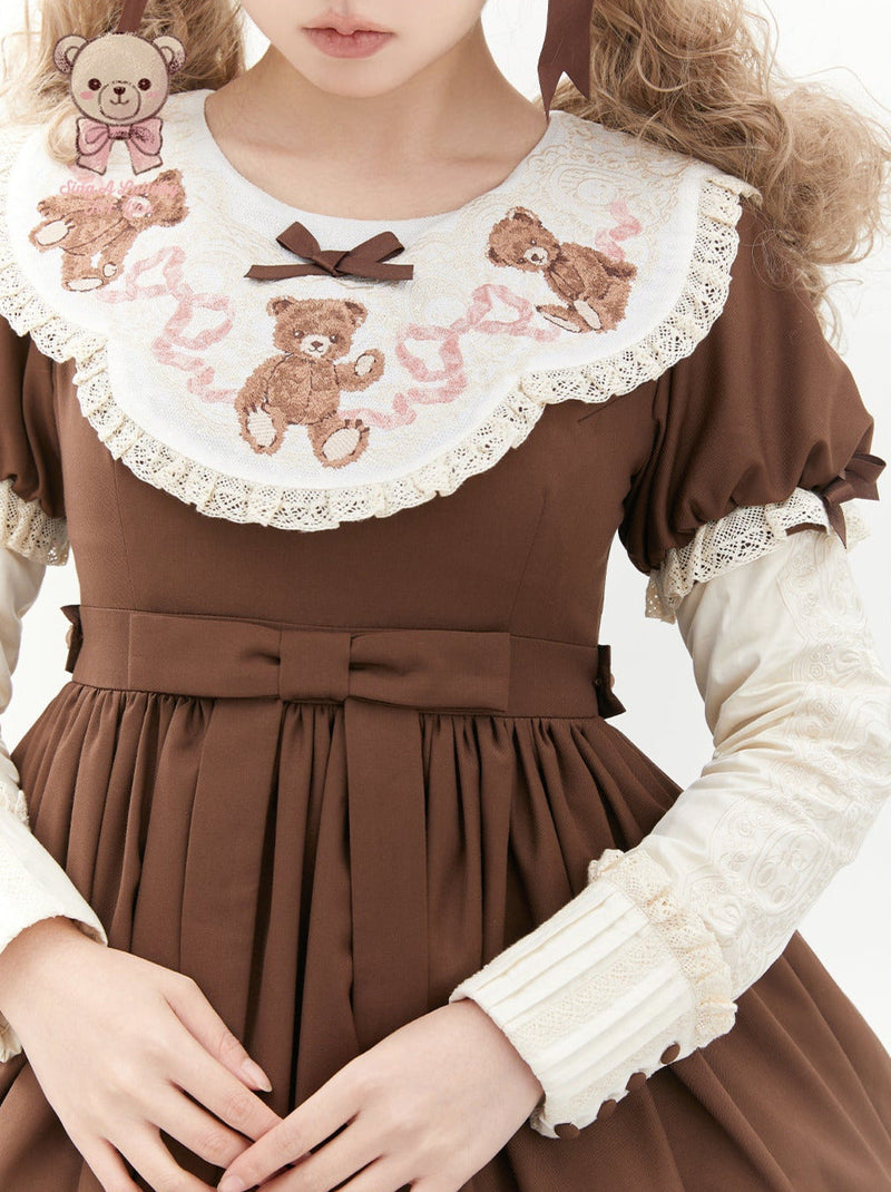 [pre-order] Lolita Teddy Bear Flap Lace Puff Sleeve Ribbon Dress