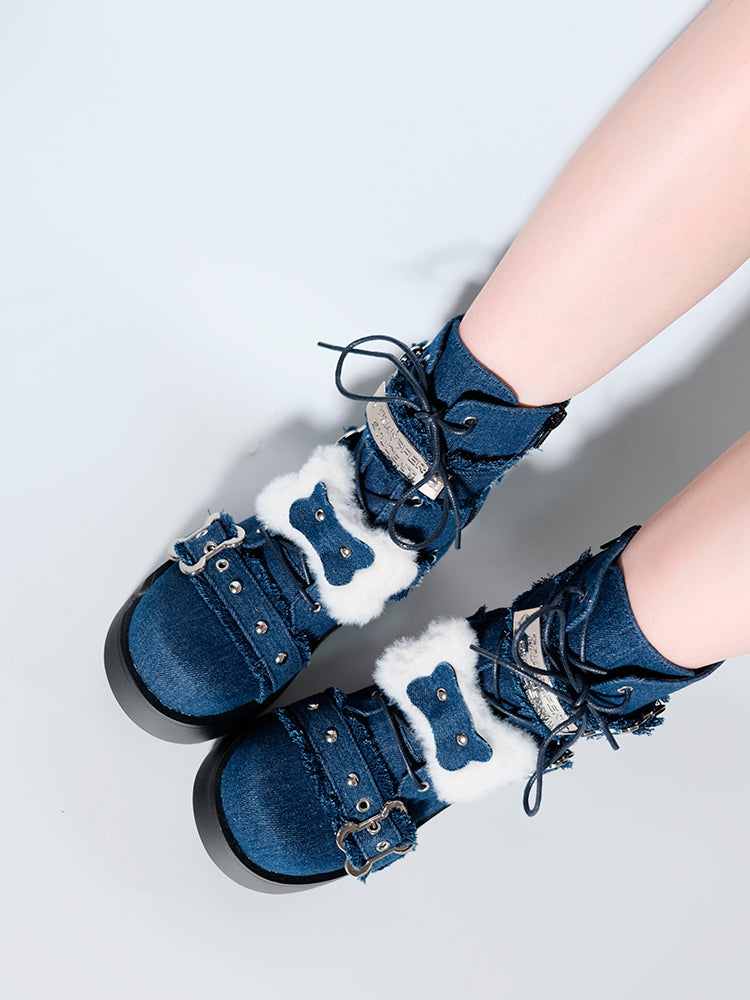 Small Bone Denim Round Toe Platform Short Boots