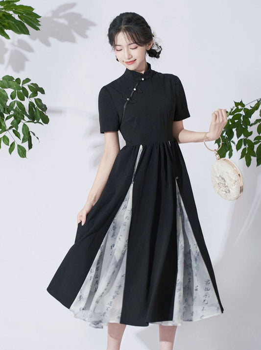 Retro Buckle Stand Collar High Waist Chinese-style Dress